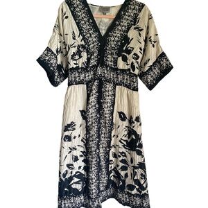 Lynn Ritchie Silver Silk Crinkle Floral Black Ivory Print Tie Back Dress Sz L